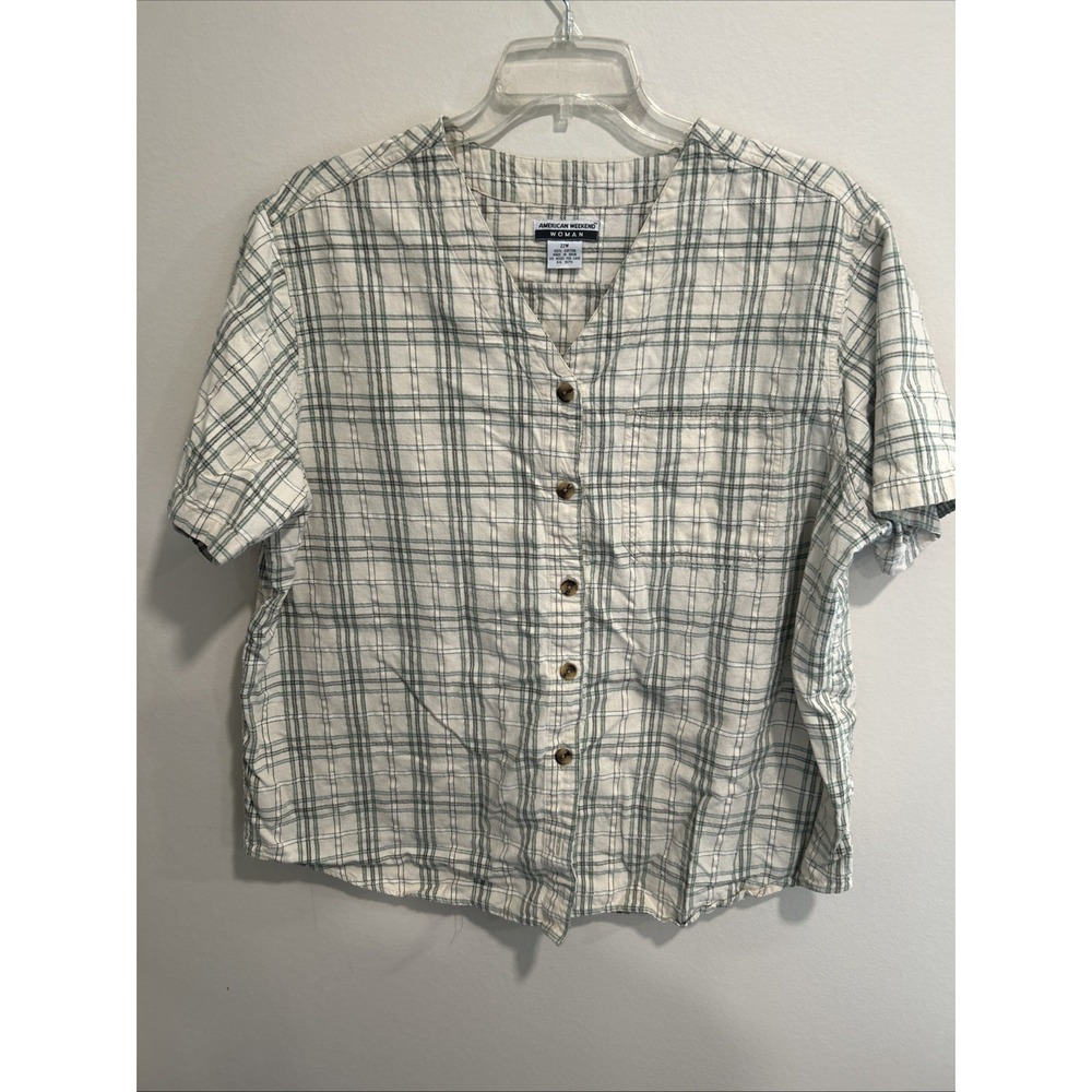 American Weekend 22W Green Beige Plaid Button Front Cotton Blouse